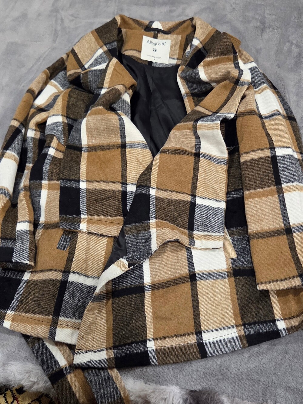 Allegra K Camel Black White Plaid Open-Front Pea Coat